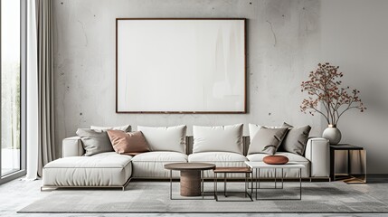 Modern living room with minimalist decor and neutral tones.