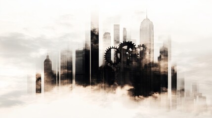 Steampunk cityscape with towering buildings, gears and cogs integrated into the architecture, double exposure with a cloudy sky, sepia tones