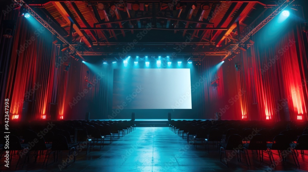 Poster A theater stage with red curtains and a projector screen ready for performance