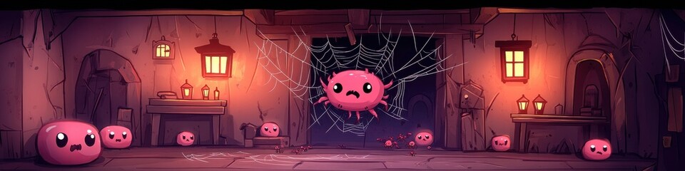 Fantasy setting with floating pink creatures in a dimly lit medieval-style room with warm lanterns and wooden furniture