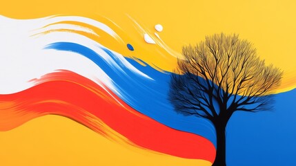 Silhouette of a tree combined with dynamic abstract paint strokes in primary colors, merging natural and artistic elements