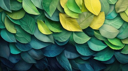 Obraz premium A collage of overlapping leaves in different shades of green, creating a layered, abstract nature background.