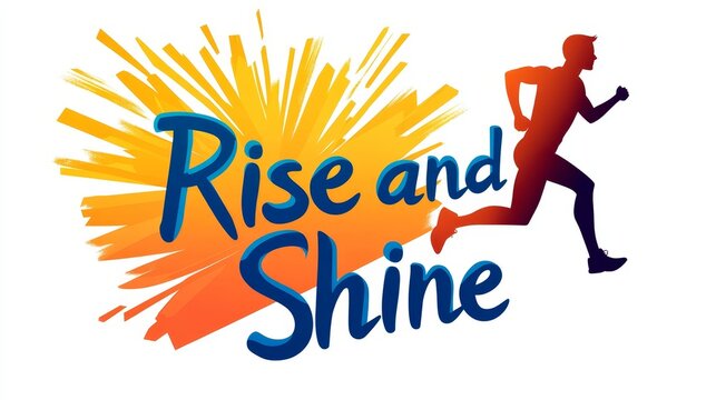 Silhouette of a runner combined with a sunrise background, bold text "Rise and Shine" in modern font, minimalist white background