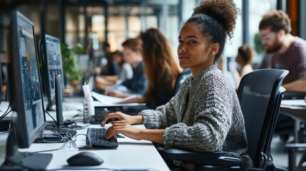 Fototapeta premium Young woman working intently at a computer in a modern workspace