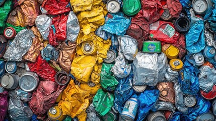 A collection of crushed cans in a recycling facility, showcasing the recycling process with ample copy space for environmental or industrial themes.