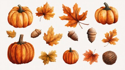 A collection of fall-themed clipart including pumpkins, acorns, and autumn leaves, perfect for seasonal designs with ample copy space.