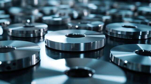 Close-up of high-precision metal discs used in automated forging processes, advanced metalworking technology and future manufacturing techniques.
