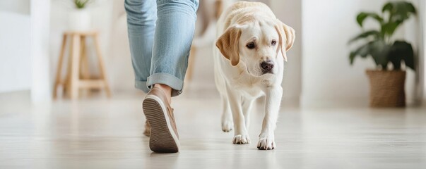 A happy dog walks alongside its owner in a modern indoor setting, showcasing the companionship and joy of pet ownership.