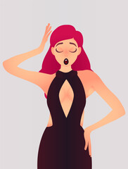 She's got the moves like Jagger, and the swimsuit to match, woman with red hair wearing black dress, contemplative expression, abstract background