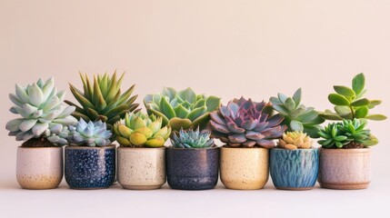 A collection of various succulents in decorative pots, showcasing a range of shapes and colors against a neutral background.