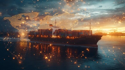 Obraz premium A cargo ship sails past a digitally overlaid world map with highlighted trade routes, representing the integration and connectivity of global commerce