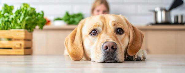 A curious dog rests its head on the floor, waiting for tasty food in a cozy kitchen environment.
