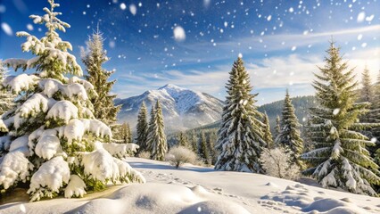 Heavy snowfall blanketing a mountain landscape, winter weather, cold and serene