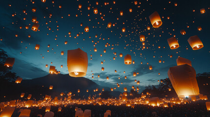 YI Peng lantern festival. Release hot air paper lanterns to sky at night in Loy krathong and Yi Peng Festival