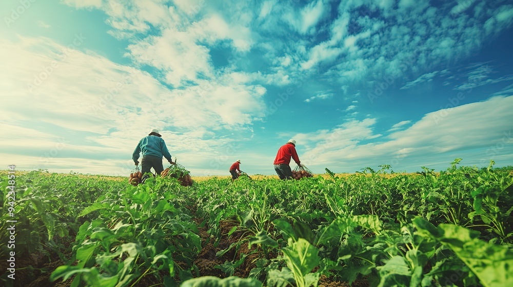 Canvas Prints Harvesting Sweet Potatoes in a Lush Green Field Under Bright Blue Skies in Early Autumn