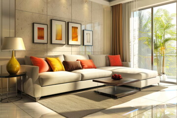 Modern living room, luxury interior with sofa, home deco