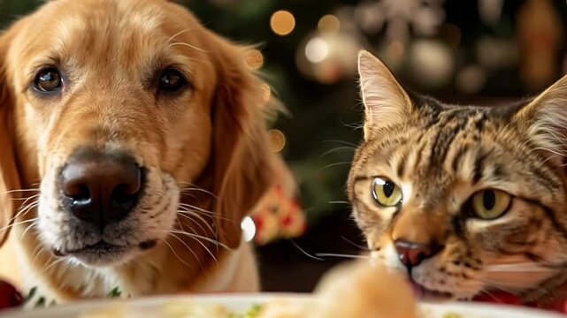 Festive dogs and cats eagerly awaiting a Christmas meal