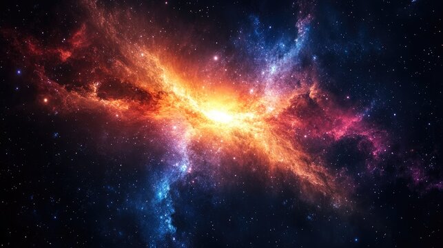 A colorful galaxy with intense light at its center, surrounded by dark space and distant stars, providing a breathtaking cosmic scene with space for copy.