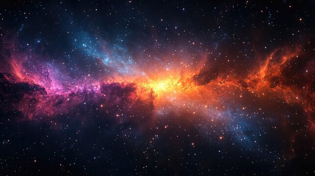 A colorful galaxy with intense light at its center, surrounded by dark space and distant stars, providing a breathtaking cosmic scene with space for copy.