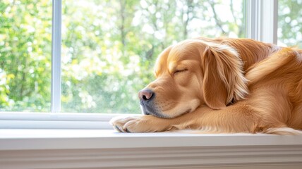 A serene golden retriever resting peacefully by the window, enjoying the warm sunlight and tranquil surroundings.