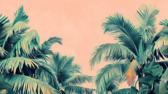 A colorful palm tree pattern with various shades of green, set against a soft pink background, giving a retro vibe.