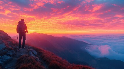 Fototapeta premium A colorful sunrise view from a mountain trail, with a hiker silhouetted against the vibrant sky, offering a dramatic and inspiring scene with space for copy.