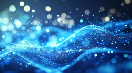 Abstract blue color digital particles wave with bokeh and light background