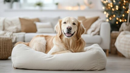 Joyful golden retriever relaxing on a cozy bed in a warm living room with festive decor, creating a peaceful home atmosphere.