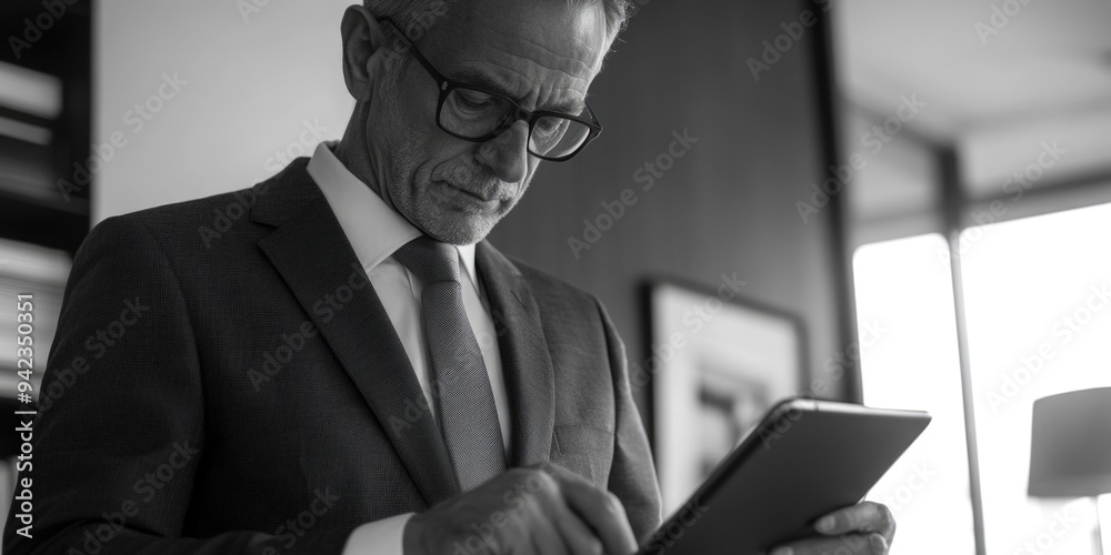 Canvas Prints Professional Man in Suit, Reading Tablet