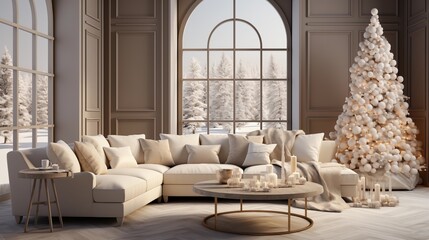 Stylish Christmas scandinavian minimalistic interior with white decor.