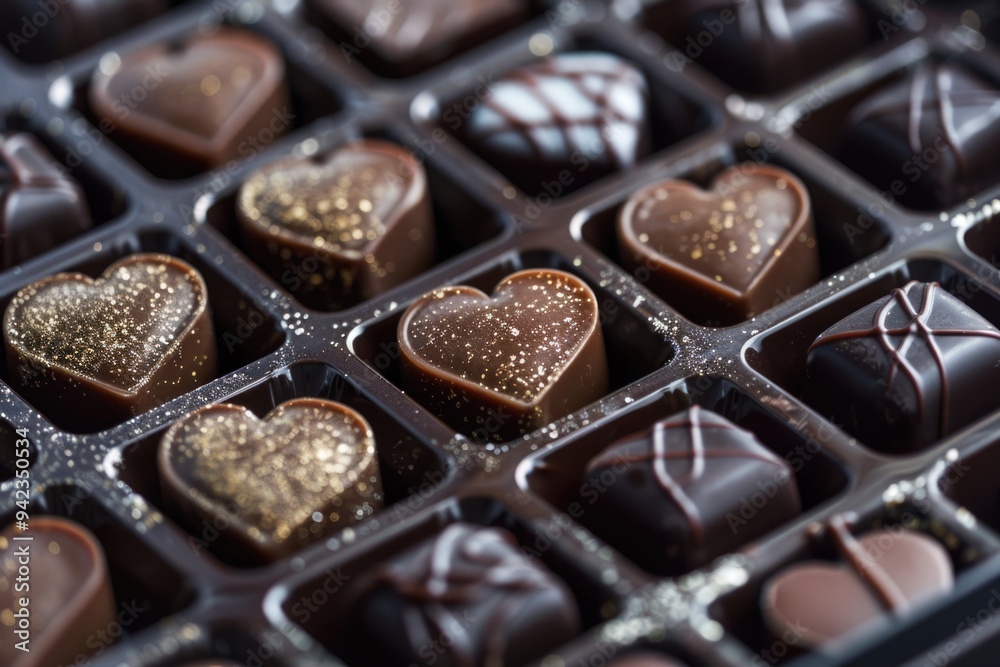 Poster a close-up shot of a box of chocolates with a lid open, revealing the treats inside