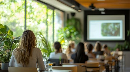 A group of people attending a presentation in a modern, plant-filled setting.