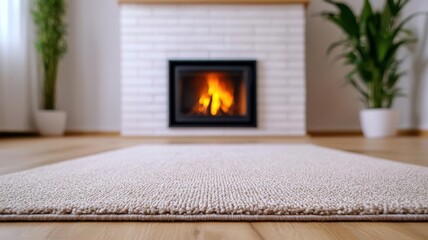Fototapeta premium Cozy interior with a soft rug in front of a warm fireplace, creating a relaxing atmosphere for home comfort and tranquility.