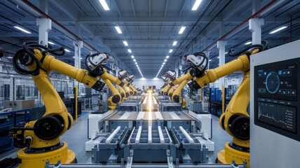Fototapeta premium A modern factory floor with robotic arms and AI-driven machinery working in perfect synchronization. 