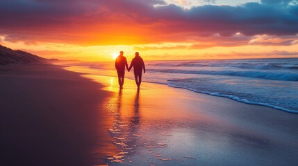 Fototapeta premium A couple walking hand in hand along a beach at sunset, with the ocean waves gently touching their feet.