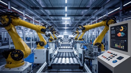 Fototapeta premium A modern factory floor with robotic arms and AI-driven machinery working in perfect synchronization. 