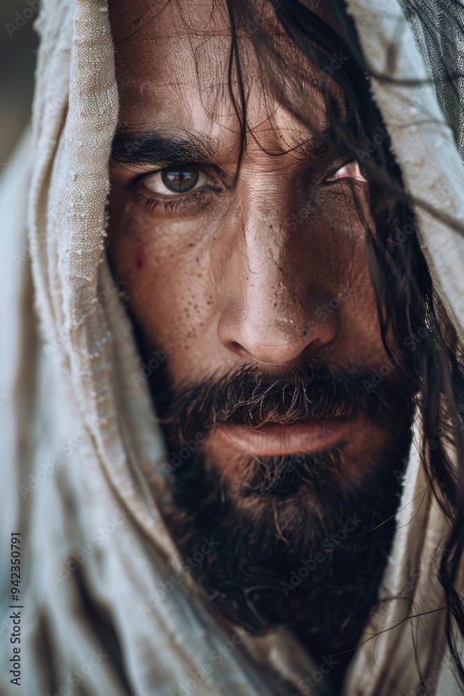 Poster a close-up of a person wearing a hood, ideal for use in illustrations or graphics