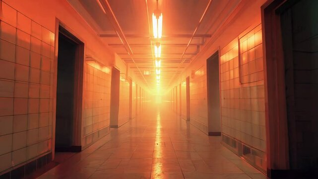 A surreal corridor illuminated by warm, glowing lights