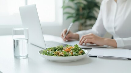 A professional woman enjoying a fresh salad at her workspace, combining healthy eating with productivity and focus.