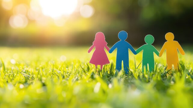 Colorful paper cutouts of people holding hands on green grass under sun