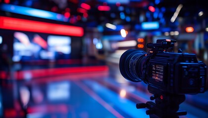 A professional camera set up in a modern studio with vibrant lighting and screens.