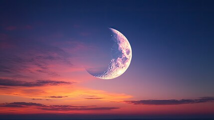 A crescent moon shining brightly against a gradient sky transitioning from day to night, creating a beautiful twilight scene with room for text.