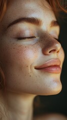 Fototapeta premium Close-up of a mindful smile on a person's face during meditation, [mindfulness], [inner joy]
