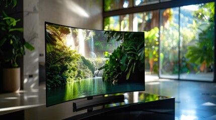 A flat screen TV sits on top of a glass table, modern interior design concept