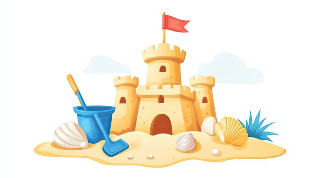sandcastle with red flag on beach clip art preview