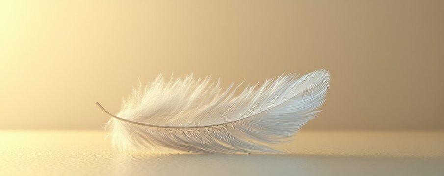 Fototapeta A single feather floating, beige background, isolated, 3D Blender style, lightness, mindfulness, space for text