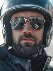 Cool Motorcyclist Gear: Leather Jacket, Helmet and Sunglasses