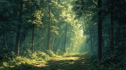 Fototapeta premium A dense forest with tall trees, their leaves forming a thick canopy overhead, casting dappled shadows on the forest floor.
