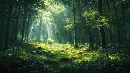 A dense forest with towering trees and sunlight filtering through the canopy, casting dappled light on the forest floor.