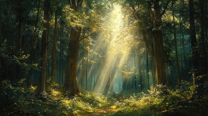 Fototapeta premium A dense forest with towering trees and sunlight filtering through the canopy, casting dappled light on the forest floor.